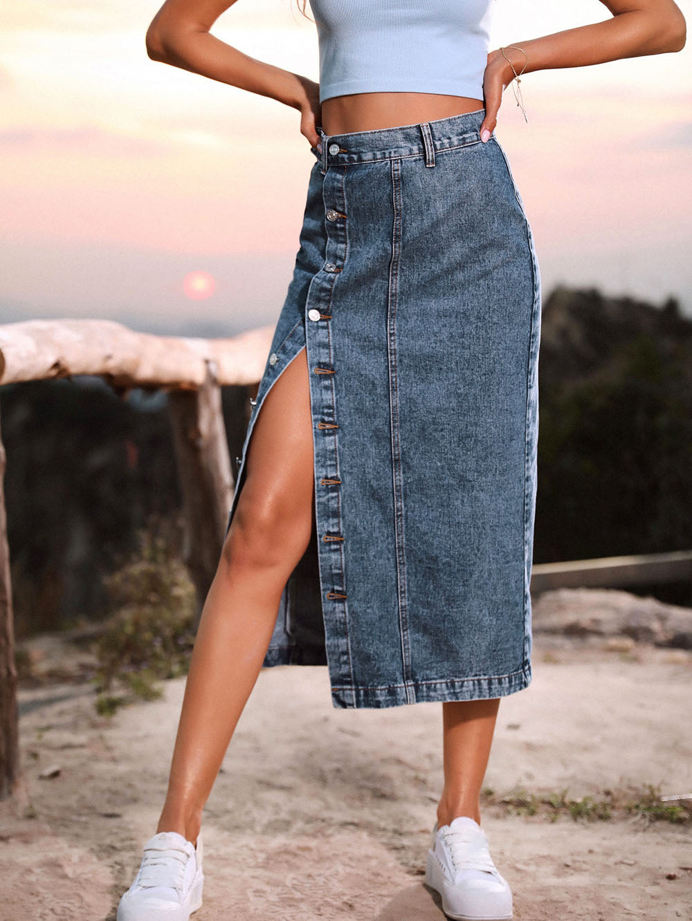 2022 Women Jean Skirt Solid Sexy Button Mid-Calf Long Straight  Denim Skirt  For Female Street Casual Wear Clothes