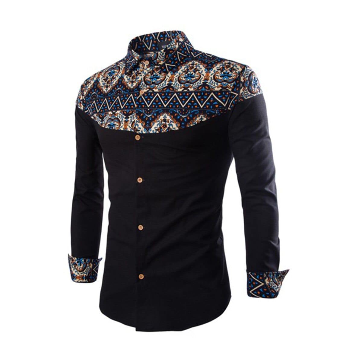 FEGKZLI Men Formal Shirts In African Print Style Stand Collar Button Shirts Navy Long Sleeve Cotton Homme Clothes Tops M-3XL