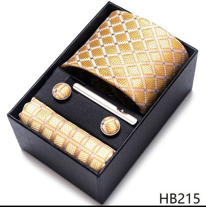 Silk Brand Tie Handkerchief Cufflink Set Necktie Holiday Gift Box Man's Blue Gold Suit Accessories Slim Cravat Wedding Gravatas