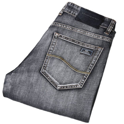 Straight Men's Classic Blue Black Grey Denim Elastic Regular Fit Male Stretch Jeans Business Casual  Style Pants