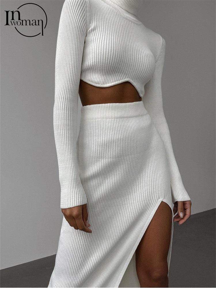 Inwoman Autumn Sexy Solid Ribbed 2 Two Piece Sets Club Outfit For Women 2022 Long Sleeve O Neck Crop Top And Skirt Sets Female