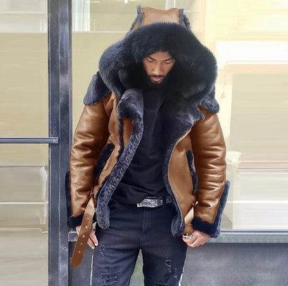 New Men's Leather Coat Winter Large Size Jacket with Fur Collar and Long Sleeve Wool Lining Casual Men's Jacket