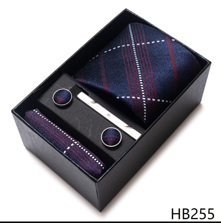 Silk Brand Tie Handkerchief Cufflink Set Necktie Holiday Gift Box Man's Blue Gold Suit Accessories Slim Cravat Wedding Gravatas