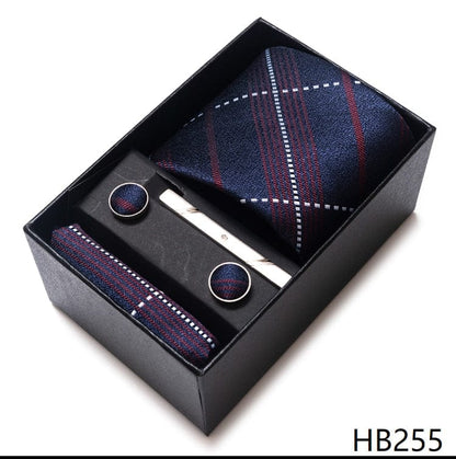 Silk Brand Tie Handkerchief Cufflink Set Necktie Holiday Gift Box Man's Blue Gold Suit Accessories Slim Cravat Wedding Gravatas