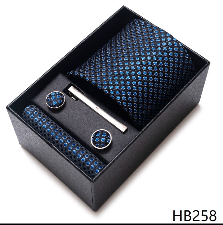 Silk Brand Tie Handkerchief Cufflink Set Necktie Holiday Gift Box Man's Blue Gold Suit Accessories Slim Cravat Wedding Gravatas