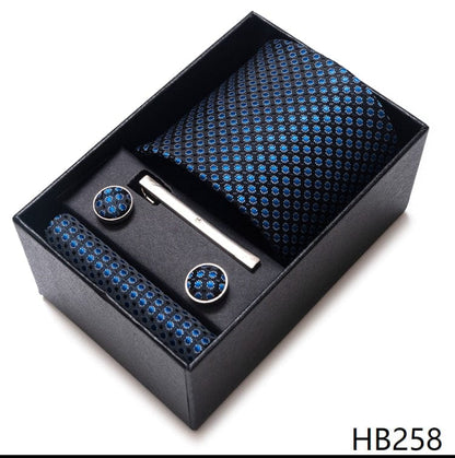 Silk Brand Tie Handkerchief Cufflink Set Necktie Holiday Gift Box Man's Blue Gold Suit Accessories Slim Cravat Wedding Gravatas
