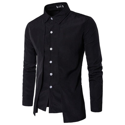 summer autumn Fake two-piece double placket thin section non-iron solid color cotton lapel men's long-sleeved shirt men's top