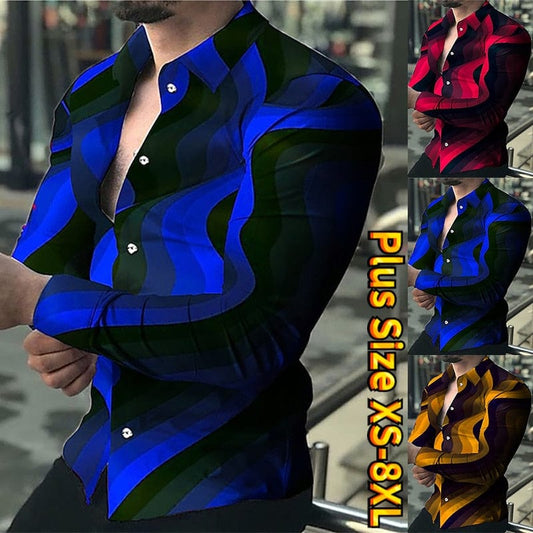 New Men's Shirt Lapel with Buckle Shirt Casual Wave Print Long Sleeved Tops Men's Prom Cardigan XS-8XL