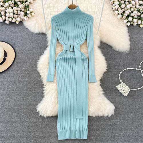 Chic Elegant Turtleneck Long Sleeve Bodycon Dress with Belt Sexy Fashion Knit Vestido Slim Autumn Winter Pencil Sweater Robe