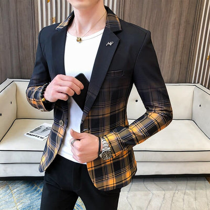 Spring New Men's Plaid Blazer Fashion Casual Men's Slim Suit Jacket Banquet Wedding Party Club Dress Branded Mens Clothing