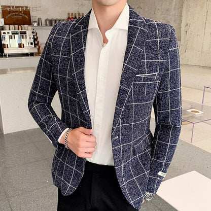 New Men Business Fashion Suit Blazer Plaid Design Plus Size Casual Male Slim Fit Dress Jacket Coat Americana Hombre