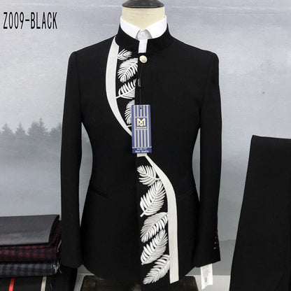 Fashion New Men's Casual Boutique Chinese Stand Collar Tunic Design Suit 2 Piece Set Blazers Jacket Coat Pants Trousers