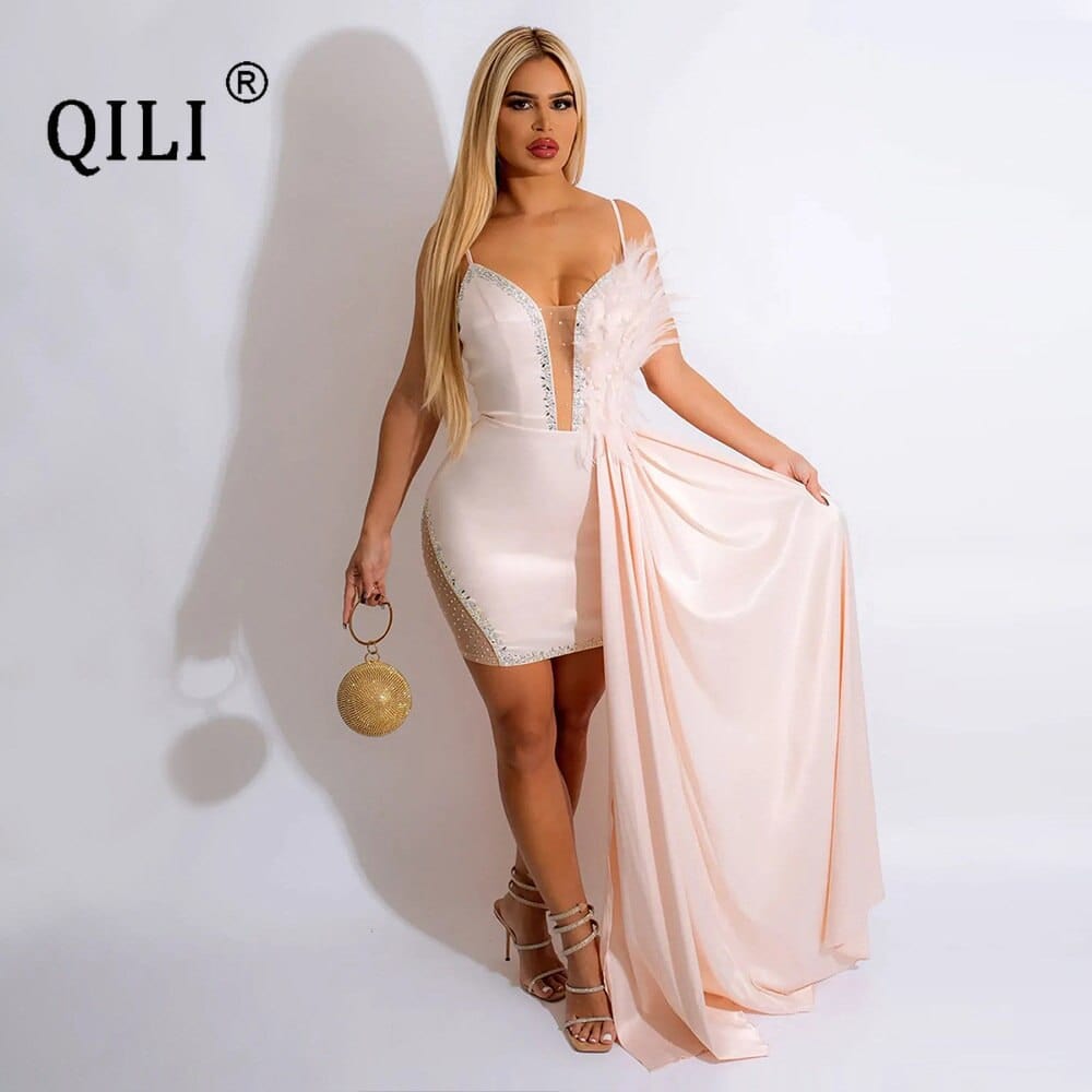 QILI Sexy Suspender Hip Wrap Dress Women Feather Design Single Side Tuxedo Women Mini Dress White Black Pink