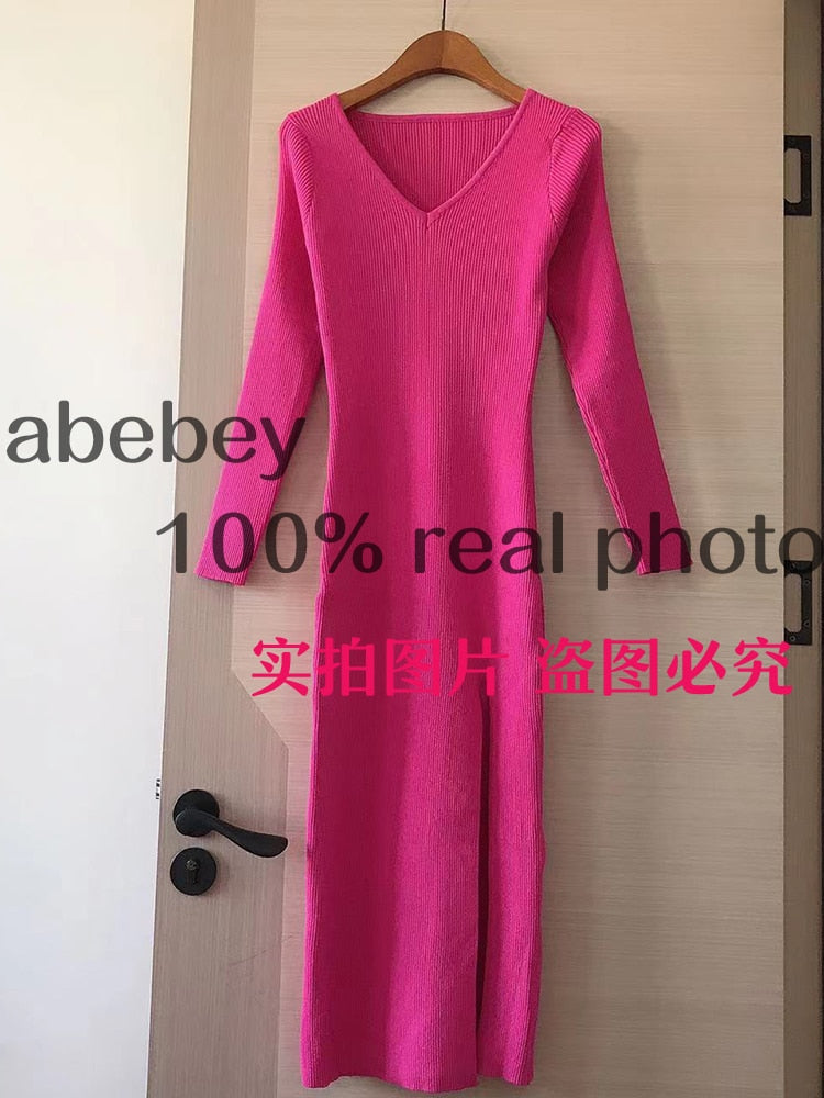 spring and winter sexy French slit sweater dress female slim tight-fitting hip-knit over-the-knee dresses