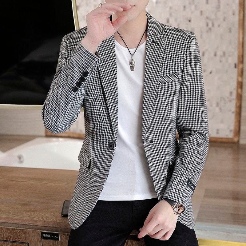 Costum de toamnă pentru bărbați cu jachetă OneButton Classic Houndstooth în stil coreean Blazer fără călcat pentru bărbați Costume smoking de nuntă Blazer Masculino