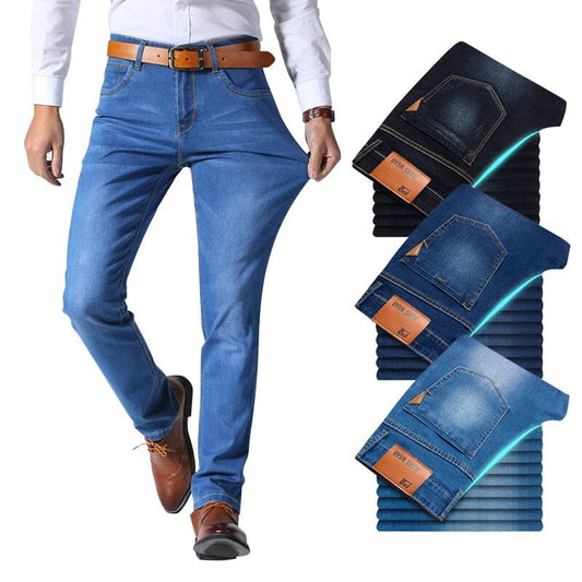 Brother Wang, stil clasic, blugi pentru bărbați de marcă, pantaloni de denim subțiri, elastici, casual, albastru deschis, negri, pentru bărbați