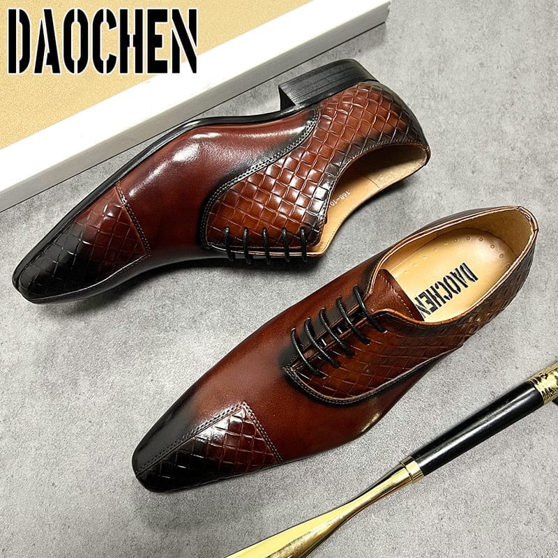 Luxury Design Men Oxford Shoes Lace up Split Toe Weave Printing Black Green Men Dress Shoes Office Wedding Leather Shoes For Men