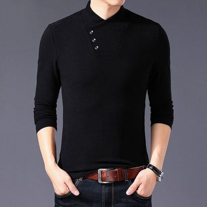 BROWON Spring Fashion Slim Fit T Shirt Men Cotton Tshirt Men Long Sleeve Irregular Collar Solid Color Men Clothes