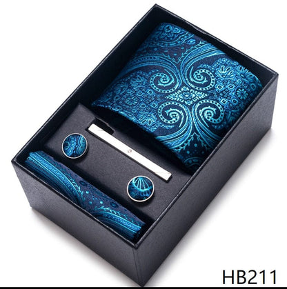 Silk Brand Tie Handkerchief Cufflink Set Necktie Holiday Gift Box Man's Blue Gold Suit Accessories Slim Cravat Wedding Gravatas