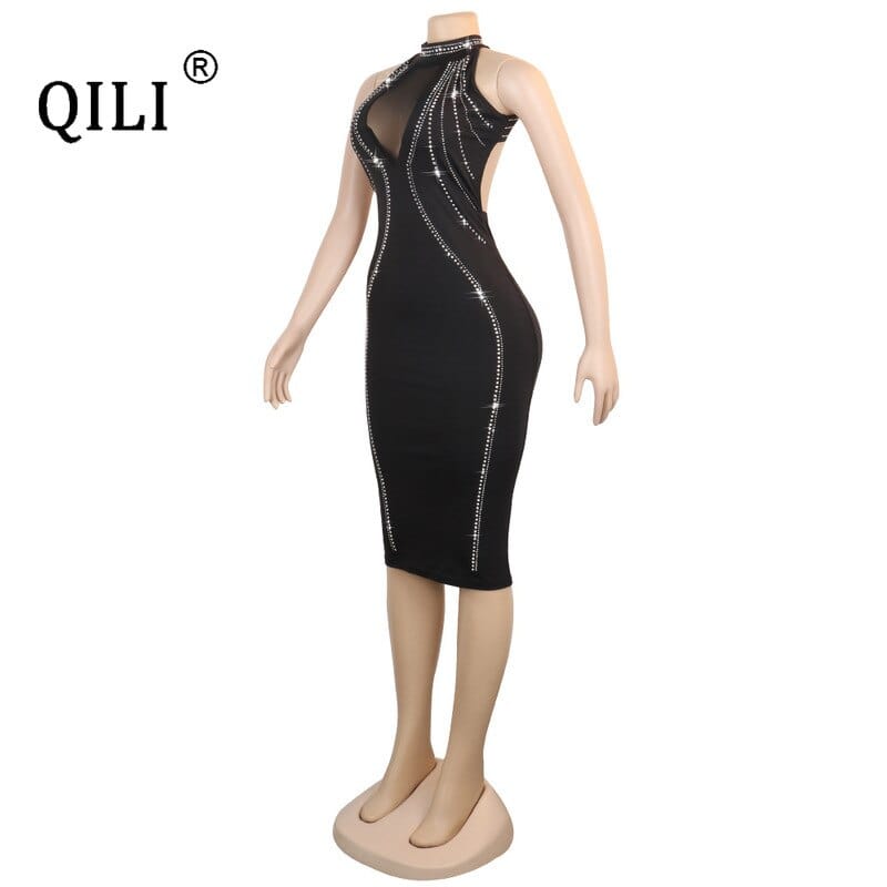 QILI Rochie de petrecere sexy pentru femei, fără mâneci, fără spate, cu diamante, rochii cu strasuri, rochie neagră cu plasă transparentă, bodycon