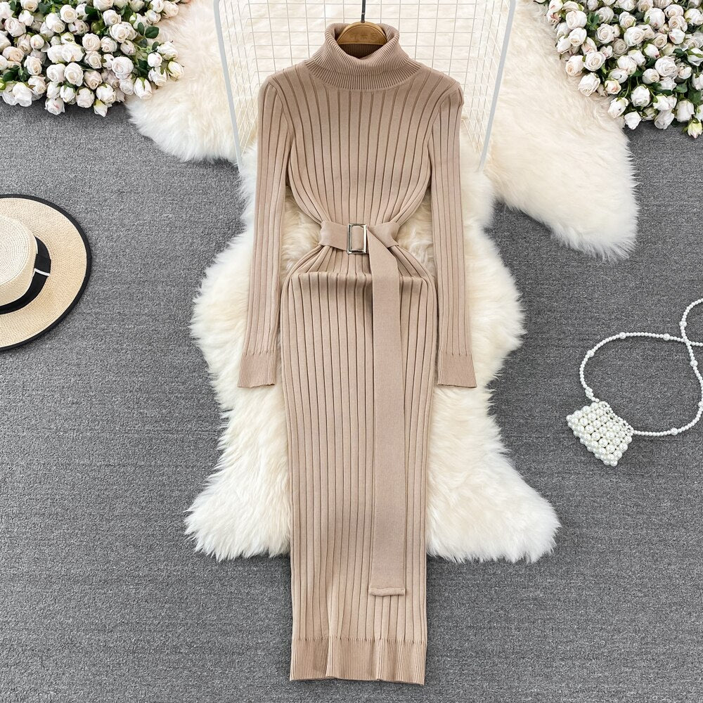 Chic Elegant Turtleneck Long Sleeve Bodycon Dress with Belt Sexy Fashion Knit Vestido Slim Autumn Winter Pencil Sweater Robe