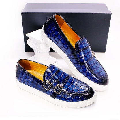 Luxury Brand Men's Loafer Shoes Gray Blue Crocodile Print Monk Strap Slip on Wedding Office Dress Casual Mules Leather Men Shoes