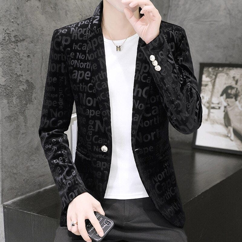 Mens Velvet Blazers 2022 Spring New Fashion Casual Slim Gold Velvet Letter Print Suit Jacket Male Blazer Brand Clothing Coat