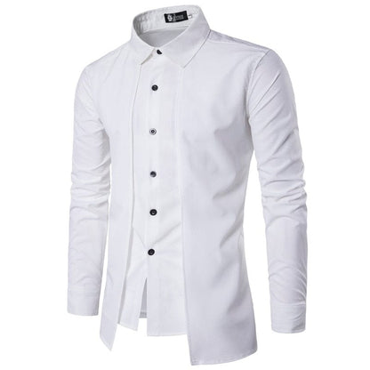 summer autumn Fake two-piece double placket thin section non-iron solid color cotton lapel men's long-sleeved shirt men's top