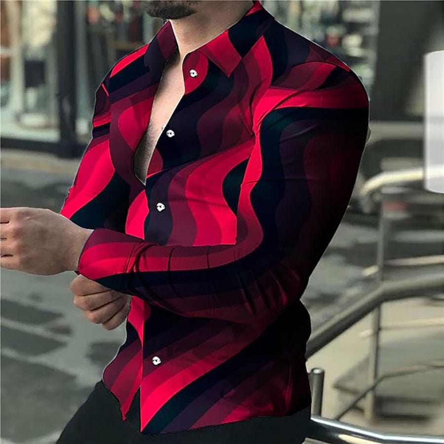 New Men's Shirt Lapel with Buckle Shirt Casual Wave Print Long Sleeved Tops Men's Prom Cardigan XS-8XL