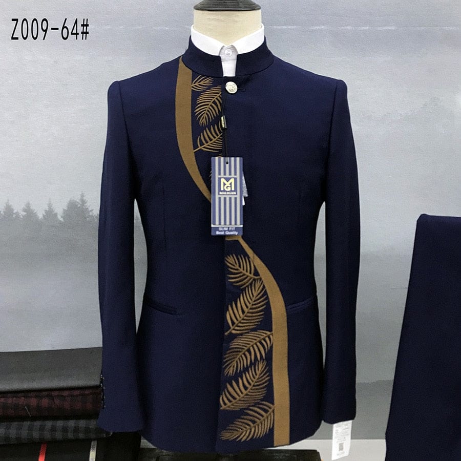 2022 Fashion New Men&#39;s Casual Boutique Chinese Stand Collar Tunic Design Suit 2 Piece Set Blazers Jacket Coat Pants Trousers