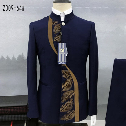 Fashion New Men's Casual Boutique Chinese Stand Collar Tunic Design Suit 2 Piece Set Blazers Jacket Coat Pants Trousers