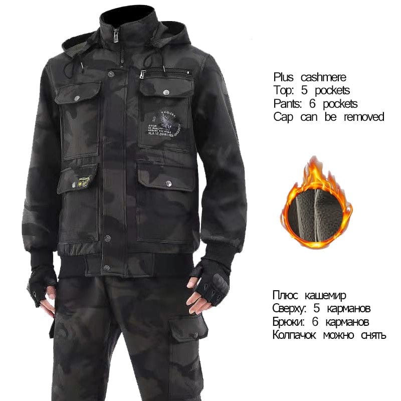 Winter Work Clothes Suit Men's Plus Velvet Thick Cotton Wear-resistant Welder Auto Mechanic Jacket Pants Labor Insurance Service