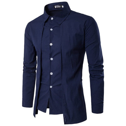 summer autumn Fake two-piece double placket thin section non-iron solid color cotton lapel men's long-sleeved shirt men's top