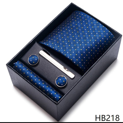 Silk Brand Tie Handkerchief Cufflink Set Necktie Holiday Gift Box Man's Blue Gold Suit Accessories Slim Cravat Wedding Gravatas
