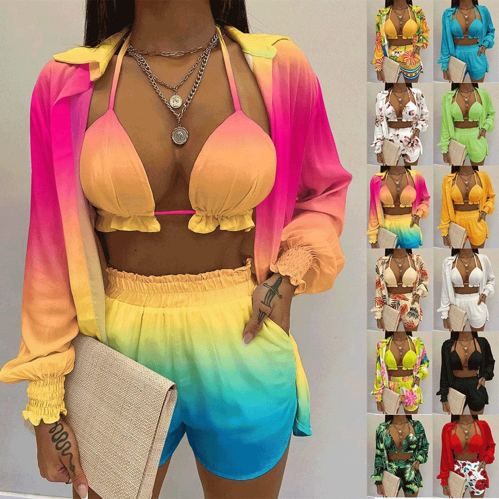 Summer 3 Piece Set Outfits Women Fashion Sexy Beach Style Printed Suspender Shirt Shorts Pant Suit Three Piece  Set Women