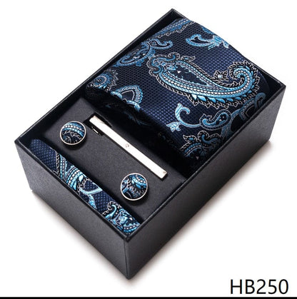Silk Brand Tie Handkerchief Cufflink Set Necktie Holiday Gift Box Man's Blue Gold Suit Accessories Slim Cravat Wedding Gravatas