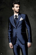 Fashion Casual Custom Made Groom Tuxedo Navy Blue Peak Lapel Wedding/Prom Best Man Suits Bridegroom (Jacket+Pants+Vest)