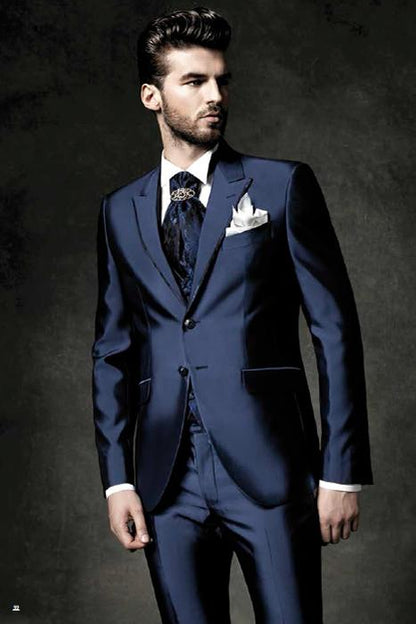 Fashion Casual Custom Made Groom Tuxedo Navy Blue Peak Lapel Wedding/Prom Best Man Suits Bridegroom (Jacket+Pants+Vest)