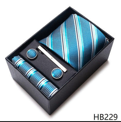 Silk Brand Tie Handkerchief Cufflink Set Necktie Holiday Gift Box Man's Blue Gold Suit Accessories Slim Cravat Wedding Gravatas