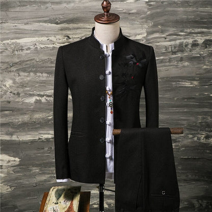 2 Pcs Set Stand Collar Blazers Jacket Pants /  Fashion New Men's Casual Boutique Business Solid Color Suit Coat Trousers