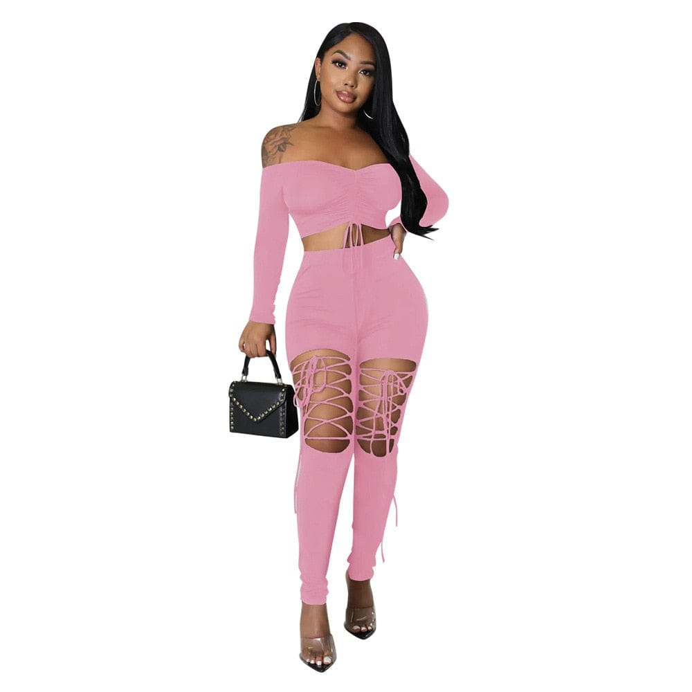 Off the Shoulder 2 Piece Set Women Sexy Long Sleeve Lace Up Ruched Crop Top Cut Out Lace Up Pants Skinny Club Party Outfits Sets