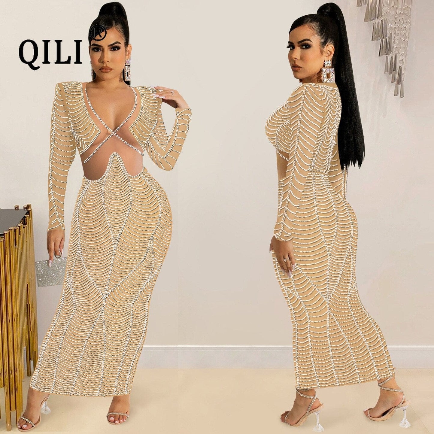 QILI 2022 New Sexy Club Ladys Dress Mesh Perspective Party Dress Diamonds V-neck Long Dress Personalized Diamonds Dress