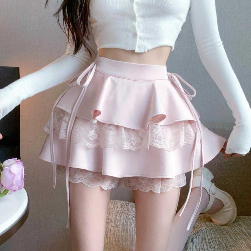 HOUZHOU Pink Ruffle Mini Skirt Women Fairycore Kawaii Lace Patchwork Double-layer Cute High Waist Bandage Sexy Short Skirts