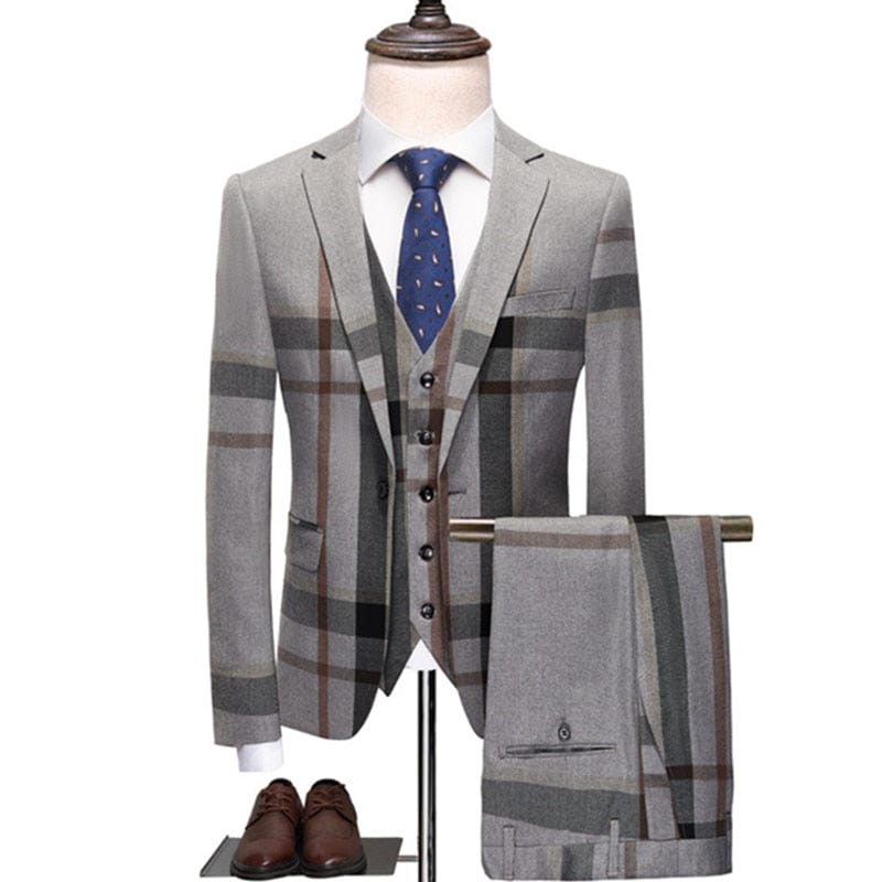 Blazers Pants Vest Set 3 Pieces Set / 2022 Men&#39;s Business Casual Fashion Three Piece Plaid Suit Jacket Coat Trousers Waistcoat