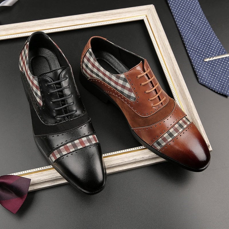 Men&#39;s Brogue Shoes Brown Black Patchwork Fabric Business Lace-up Breathable Dress Shoes  Men Casual Shoes Free Shipping