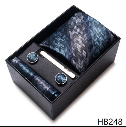 Silk Brand Tie Handkerchief Cufflink Set Necktie Holiday Gift Box Man's Blue Gold Suit Accessories Slim Cravat Wedding Gravatas