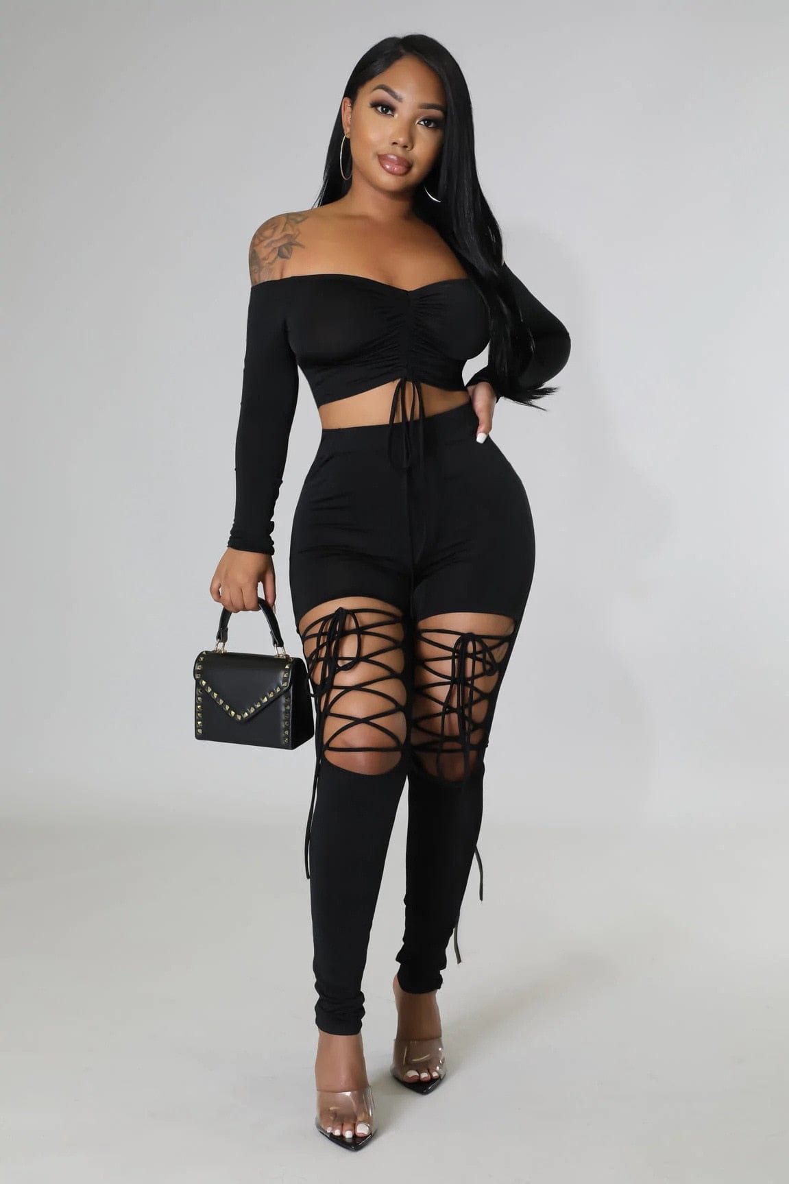 Off the Shoulder 2 Piece Set Women Sexy Long Sleeve Lace Up Ruched Crop Top Cut Out Lace Up Pants Skinny Club Party Outfits Sets