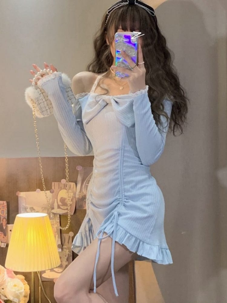 QWEEK Bodycon Wrap Sexy Dress Women Korean Style Design Kawaii Ruffles Lolita Short Dresses Lace Robe Female 2022 Autumn