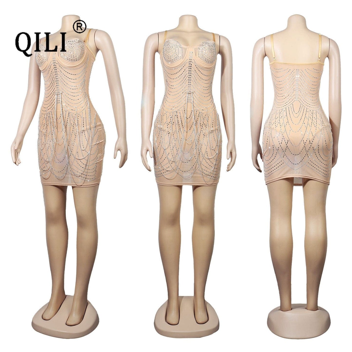 QILI New Arrival Diamond Fringe Dress Women Sleevless Sexy Mini Shor Dress Party Club Bodycon Dress Black White Apricot XXL 3XL