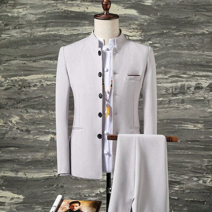 2 Pcs Set Stand Collar Blazers Jacket Pants /  Fashion New Men's Casual Boutique Business Solid Color Suit Coat Trousers